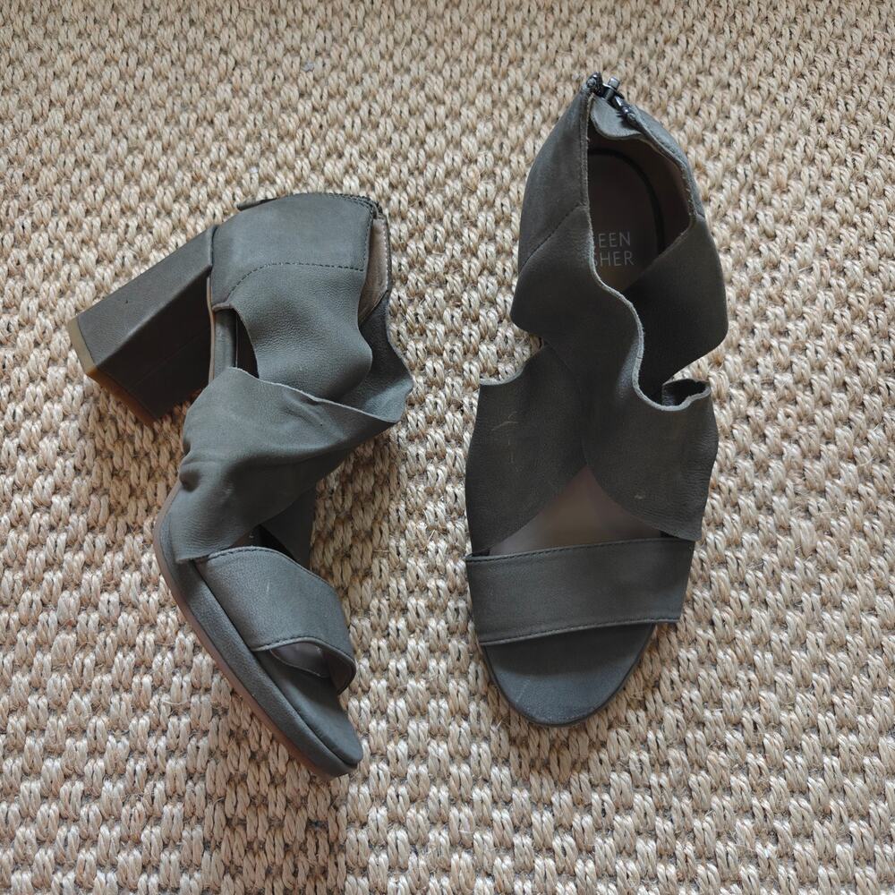 Eileen Fisher Ann Moon Gray Nubuck Leather Block Heel Sandals Size 6